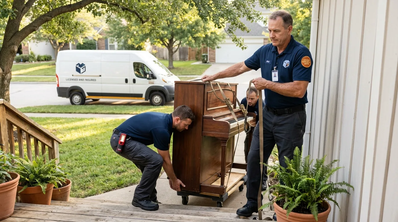 Licensed piano movers securing grand piano in Mountain Iron, MN