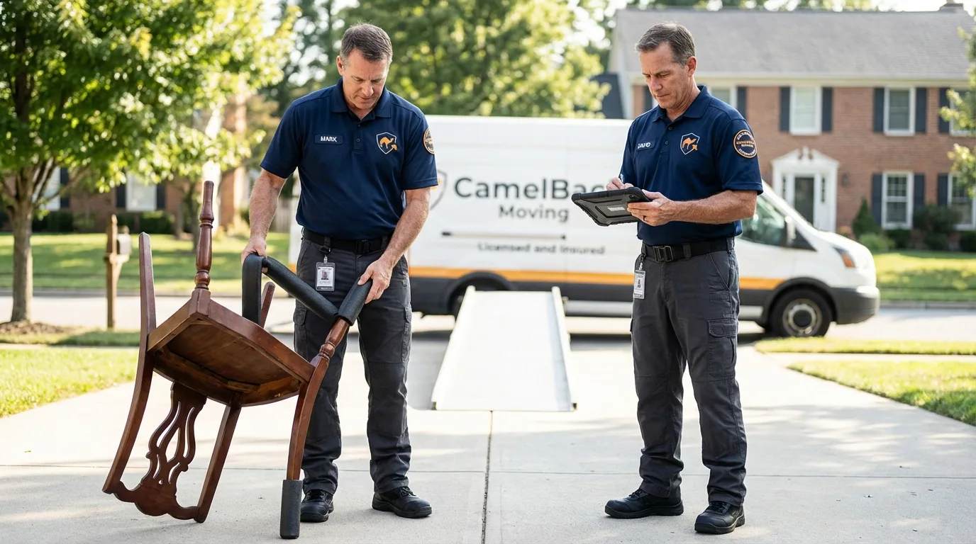 Movers inspecting furniture for damage prevention before loading in Mountain Iron, MN