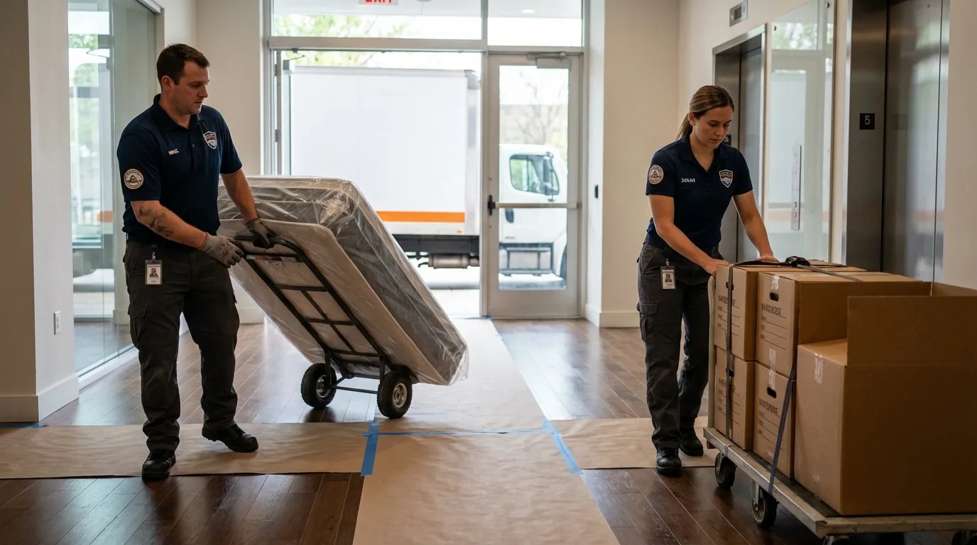 Professional apartment movers loading elevator in Mountain Iron, MN